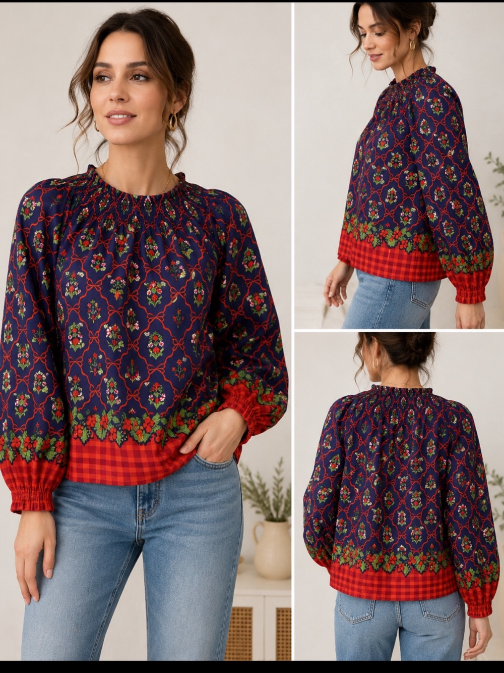 NWOT LEA Navy Floral Smocked-Neck Blouse with Red Gingham Hem